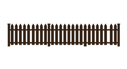 A dark brown wooden picket fence viewed from the front showcasing its classic pointed tops and clean lines in a stark silhouette
