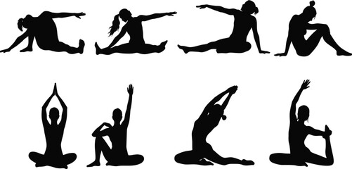 Collection of eight diverse female silhouettes performing various yoga poses and stretching exercises demonstrating flexibility and wellness isolated on transparent background