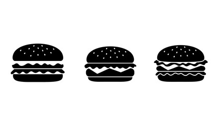 Three classic hamburger silhouettes with detailed layers of bun patty cheese and lettuce on a white background food illustration silhouette