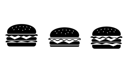 Three distinct black hamburger icons in a row showcasing a simple yet appealing silhouette style for food and fast food concepts