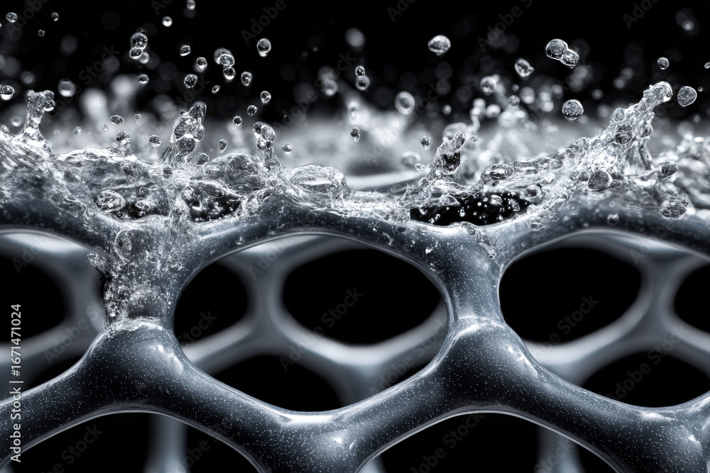 Poster glossy metallic lattice breaking into fluid reflective shards on black background