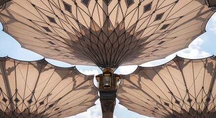 Looking up at the intricate geometric patterns of giant retractable umbrellas at a mosque courtyard.