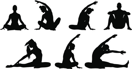 Collection of silhouetted figures performing various yoga poses demonstrating flexibility and strength isolated on transparent background