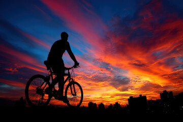 Silhouette of cyclist riding on urban rooftop at sunset with dramatic sky
