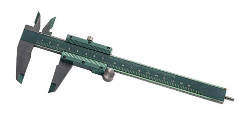Green metal measuring tool with scale isolated on a transparent background caliper