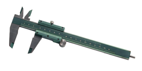 Green metal measuring tool with scale isolated on a transparent background caliper