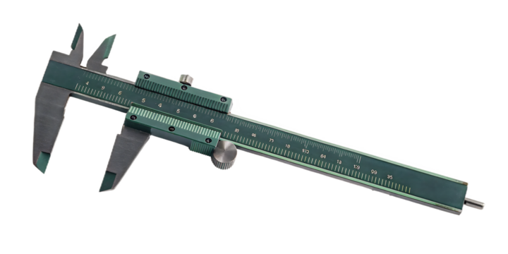Green metal measuring tool with scale isolated on a transparent background caliper
