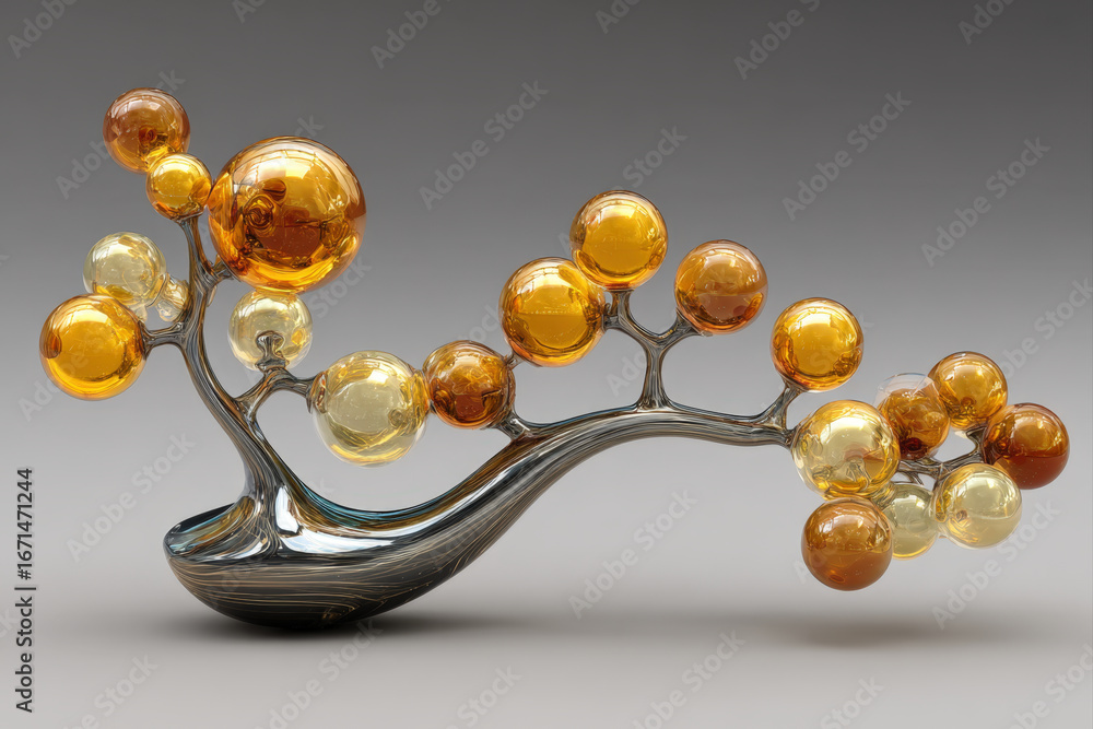 Aufkleber minimalistic 3d abstract tree with metallic spheres and glass branches on plain background