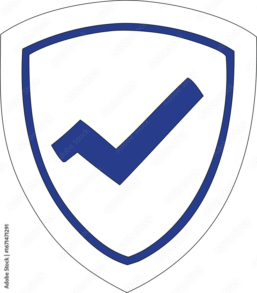 Poster secure shield icon with blue checkmark symbol for safety and protection assurance in digital and phy