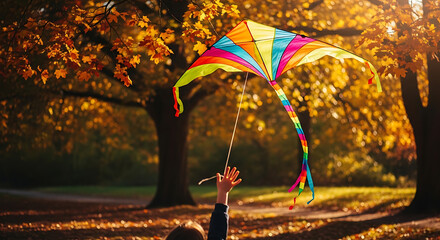 Colorful Kite Soaring in Autumn Park, Childs Joyful Release.