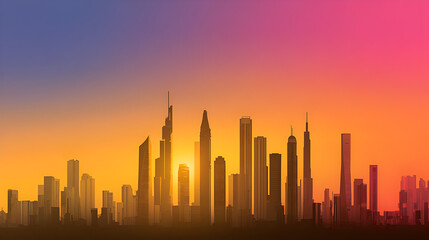 Fototapeta premium Orange Sunset Over Modern City Skyline with Tall Buildings