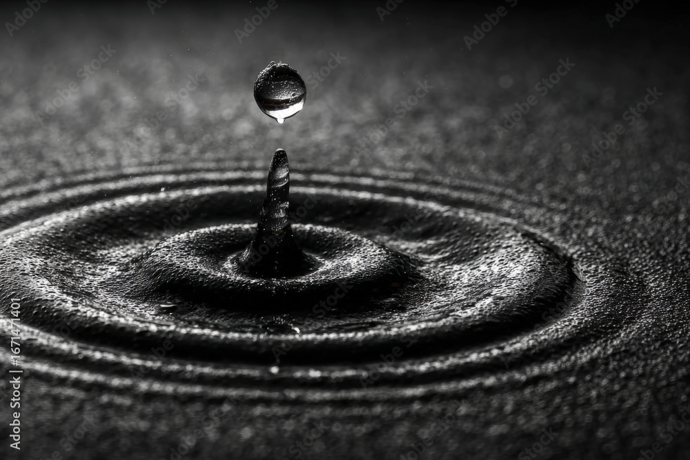Poster chrome droplet creating ripples on a matte black surface in minimalist style