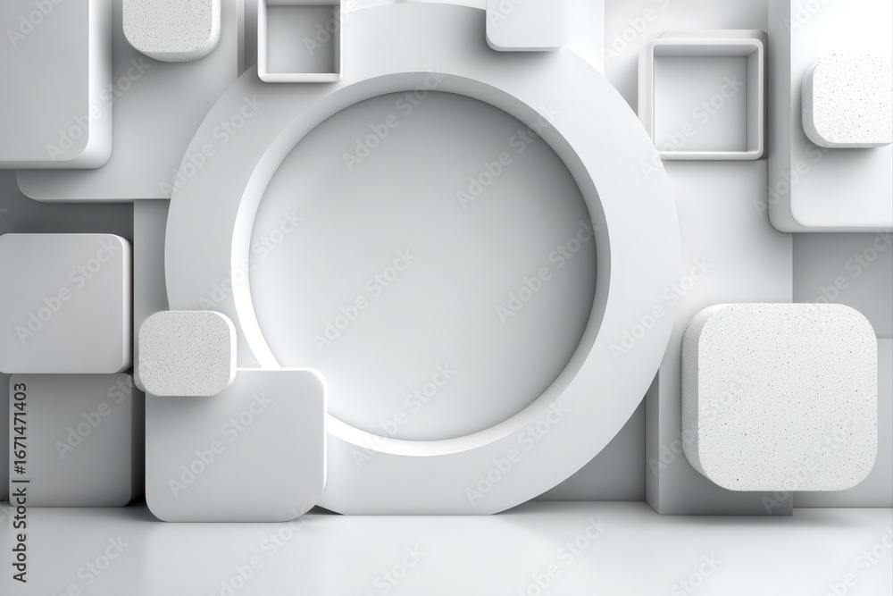 Poster minimalist 3d render of white abstract geometric shapes with floating shadows and empty space