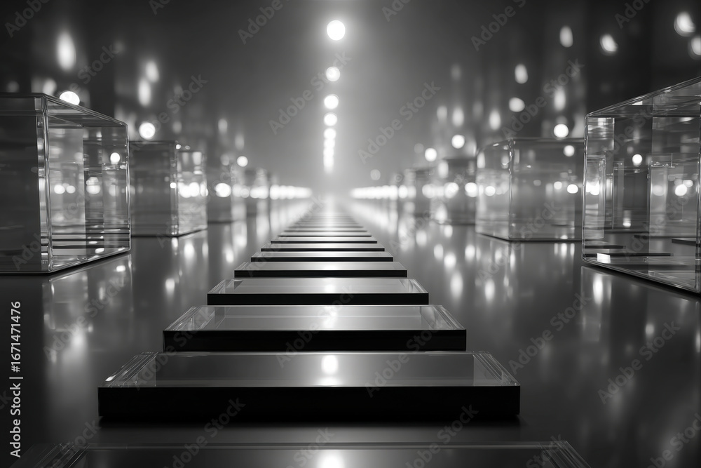 Poster transparent glass data bars with reflections on a glossy floor in a futuristic setting
