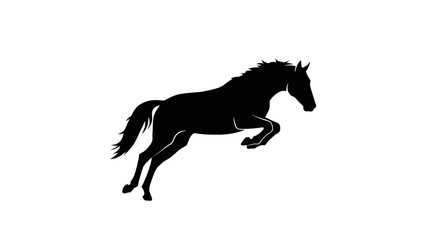 Dynamic black silhouette of a powerful horse leaping gracefully against a clean white background showcasing its athletic build and flowing mane silhouette
