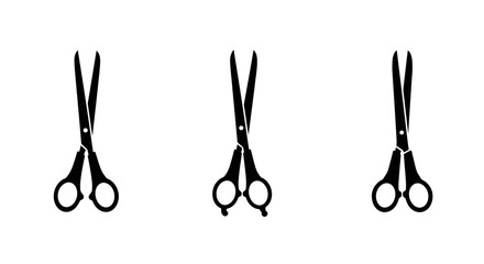 Three identical black silhouettes of open scissors with finger loops displayed vertically against a white background representing hairdressing or cutting tools silhouette