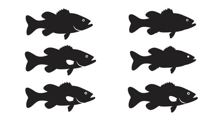 Six distinct black fish silhouettes with a clear outline and simple design arranged in two columns and three rows showcasing aquatic life silhouette