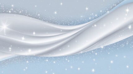 Elegant light blue background with flowing white fabric and sparkling stars