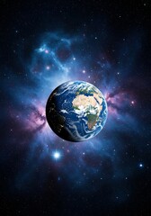 Naklejka premium The earth viewed from space, illuminated by starlight, with a nebula and distant galaxies in the background