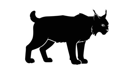 A striking black silhouette of a wild lynx standing alert with distinctive ear tufts and a short tail isolated on a white background silhouette