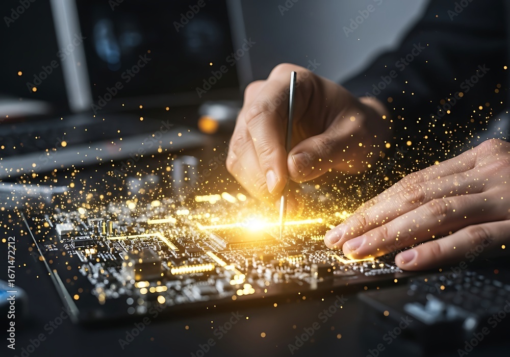 Poster closeup of a technician working on a complex circuit board with glowing sparks and a laptop
