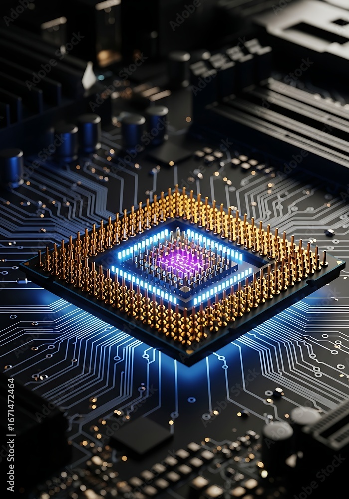 Poster closeup of a glowing blue and gold computer processor chip on a circuit board