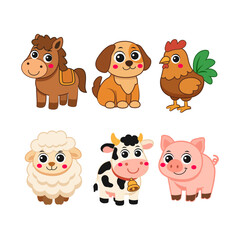 A set of cartoon illustrations featuring six adorable farm animals: a horse, dog, rooster, sheep, cow, and pig. Perfect for use in children's books, educational materials, or any design needing cute