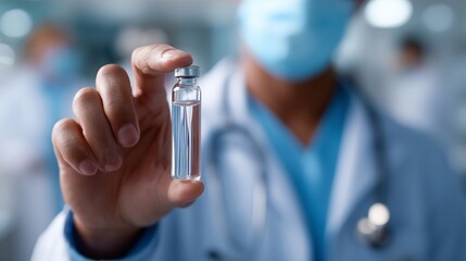 Healthcare professional holds glass vial containing vaccine in hospital setting during pandemic