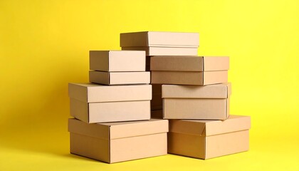 Fototapeta premium Stack of brown cardboard boxes on yellow background