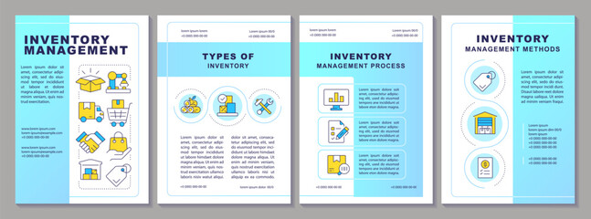Inventory management blue brochure layout. Types, processes, methods of supplies control. Leaflet advertising design with color line icons. Editable 4 pages. Arial, Myriad Pro-Regular fonts used