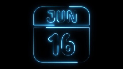 Glowing blue neon calendar date June 16th displayed on a black background with a modern futuristic design perfect for