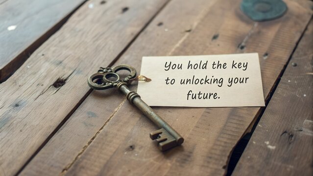 Vintage key with a motivational quote about unlocking your future on a rustic wooden background.