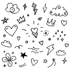 Various set icons. Hand drawn design elements. Hand drawn chalk and marker brush vector set.