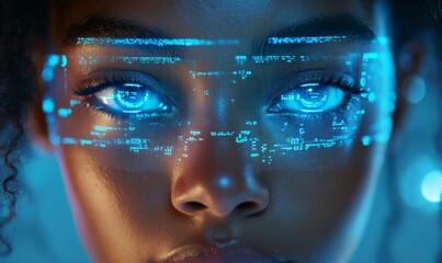 AI cybersecurity threat concept, with a Black female IT specialist analysing digital data and artificial intelligence code. The scene showcases augmented reality and ethical hacking, Generative AI