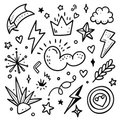 Various set icons. Hand drawn design elements. Hand drawn chalk and marker brush vector set.