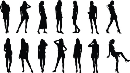 Collection of diverse female silhouettes in various fashionable poses showcasing different styles and body types isolated on transparent background