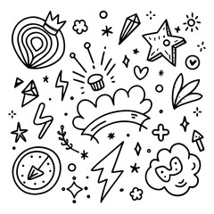 Various set icons. Hand drawn design elements. Hand drawn chalk and marker brush vector set.