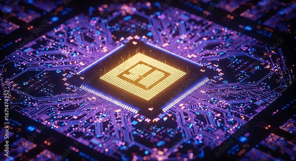 Poster closeup of a glowing yellow computer processor chip with intricate purple circuits on a dark backgro