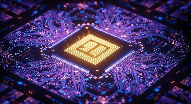 Closeup of a glowing yellow computer processor chip with intricate purple circuits on a dark background, symbolizing technology and innovation