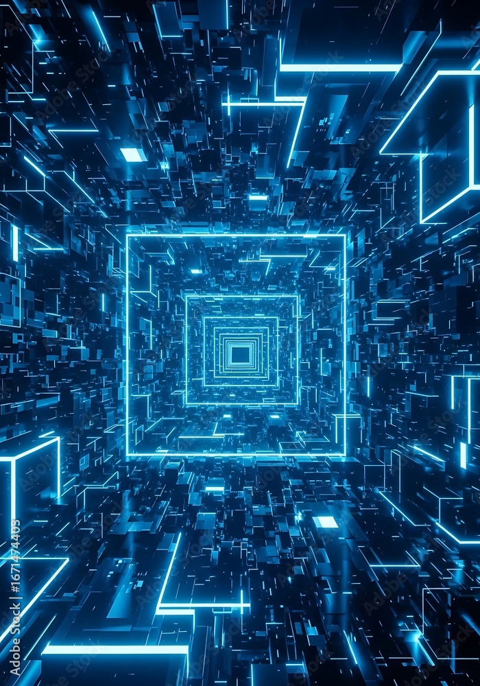 Poster abstract digital tunnel or corridor with glowing blue neon lines and geometric shapes, representing 