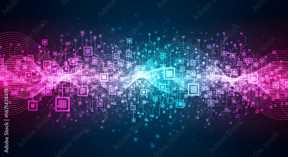 Poster abstract digital background with glowing pink and blue lights representing data flow connectivity an