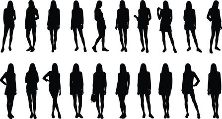 Collection of diverse female silhouettes in various poses and outfits showcasing fashion and style isolated on transparent background
