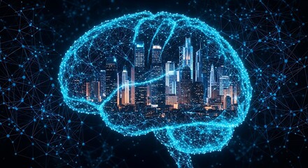 Abstract digital brain with glowing neural network and city skyline inside