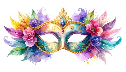 Ornate watercolor masquerade mask adorned with feathers and flowers