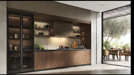 Modern kitchen design with wooden cabinets and open shelves