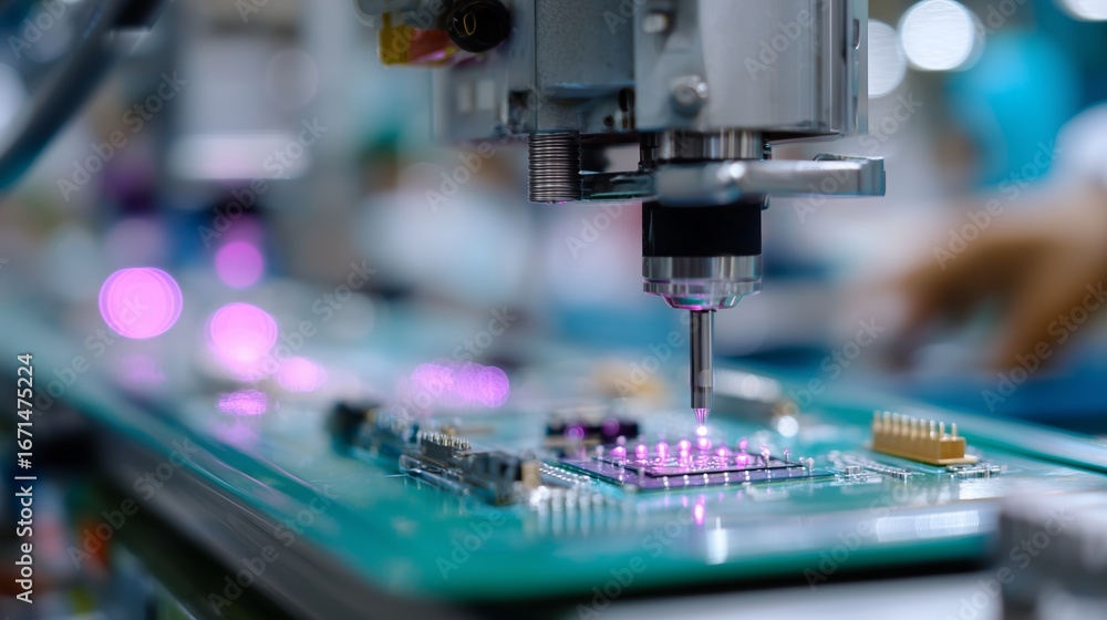 Poster advanced technology is in action at a circuit board assembly line during a busy manufacturing proces