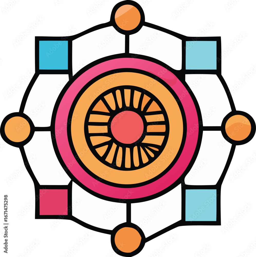 Poster abstract geometric mandala design with concentric circles squares and connecting lines
