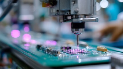 Advanced technology is in action at a circuit board assembly line during a busy manufacturing process