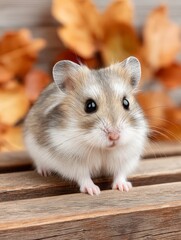 a small fluffy gray hamster on a wooden bench amidst autumn leaves