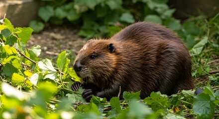 Beaver eating leaves in natural habitat